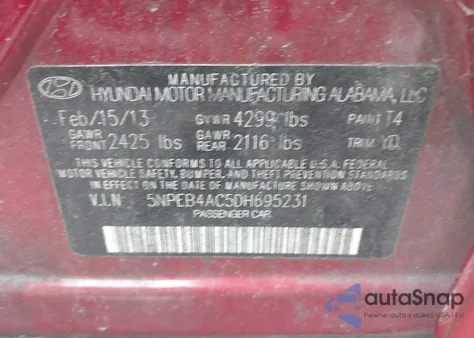 2013 Hyundai Sonata Gls z USA, uszkodzony, nr VIN 5NPEB4AC5DH695231